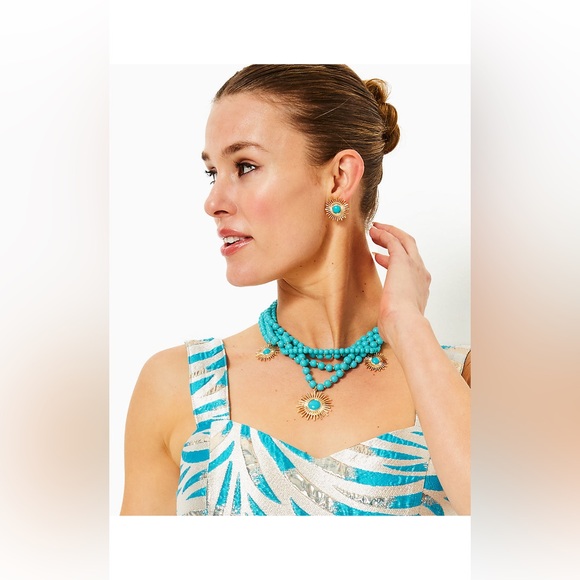 🌴 Lilly Pulitzer Sunshine Jungle NWT SOLD OUT Turquoise and Gold Beaded Necklace - Picture 1 of 13